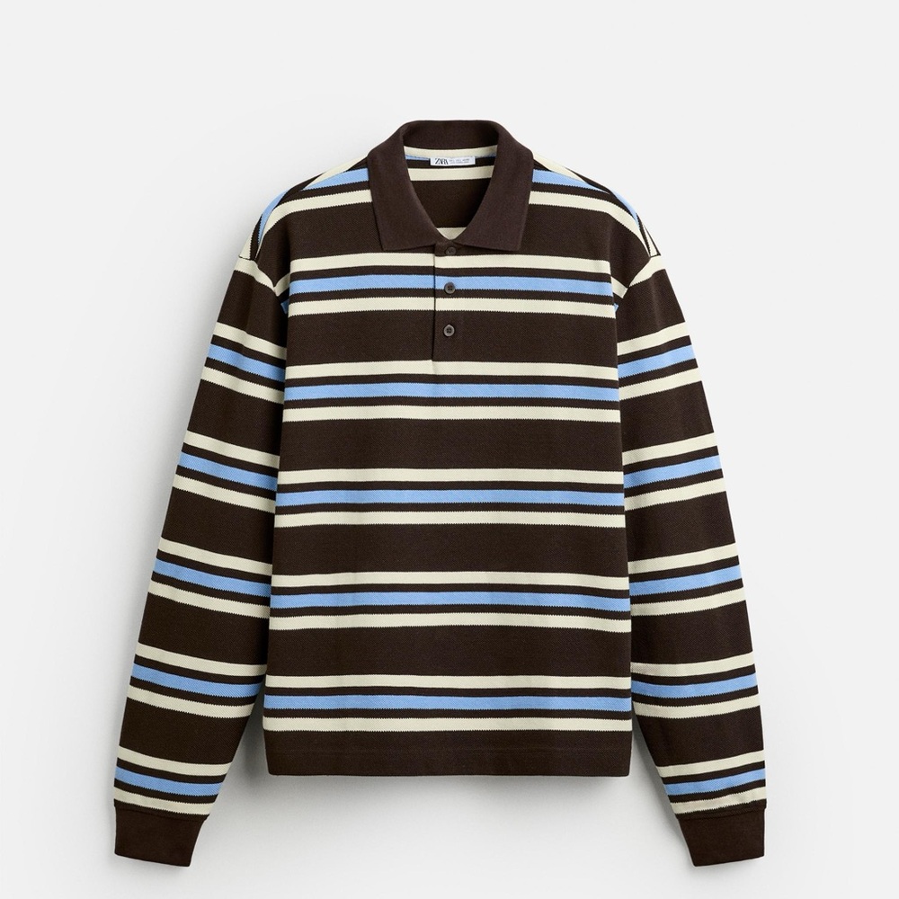 Zara Brown Striped Polo Sweater with Blue and Cream Stripes